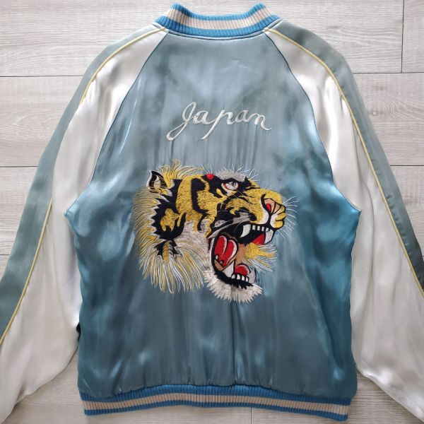 1990s vintage 抜群のフェード感 レーヨン サテン 虎×キルティング リバーシブル スカジャン M相当 1950-60s復刻品 刺繍 スーベニア 古着_画像7