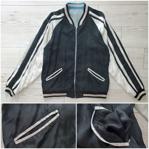 1990s vintage 抜群のフェード感 レーヨン サテン 虎×キルティング リバーシブル スカジャン M相当 1950-60s復刻品 刺繍 スーベニア 古着_画像8