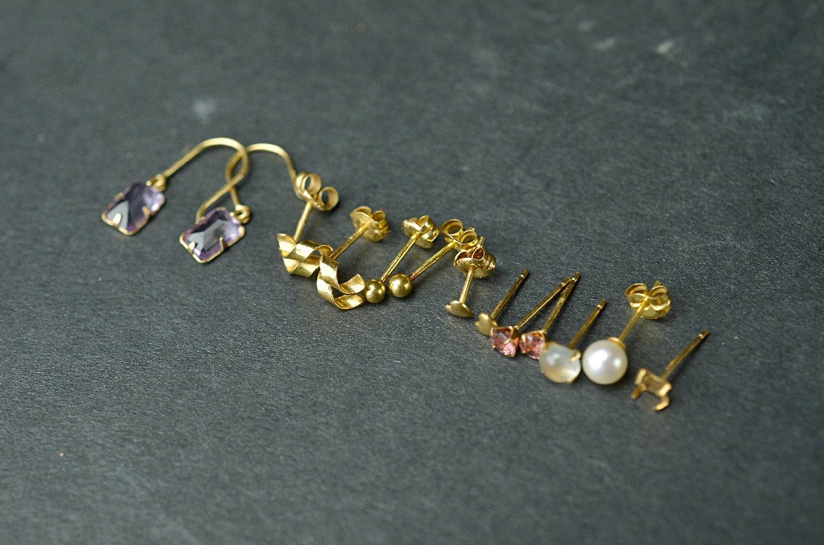 K18 イエローゴールドピアスまとめ パール・真珠・アメジストなど・YG 2.1g(石込み) 本体のみ★【YB】中古25Y1030-2_画像2