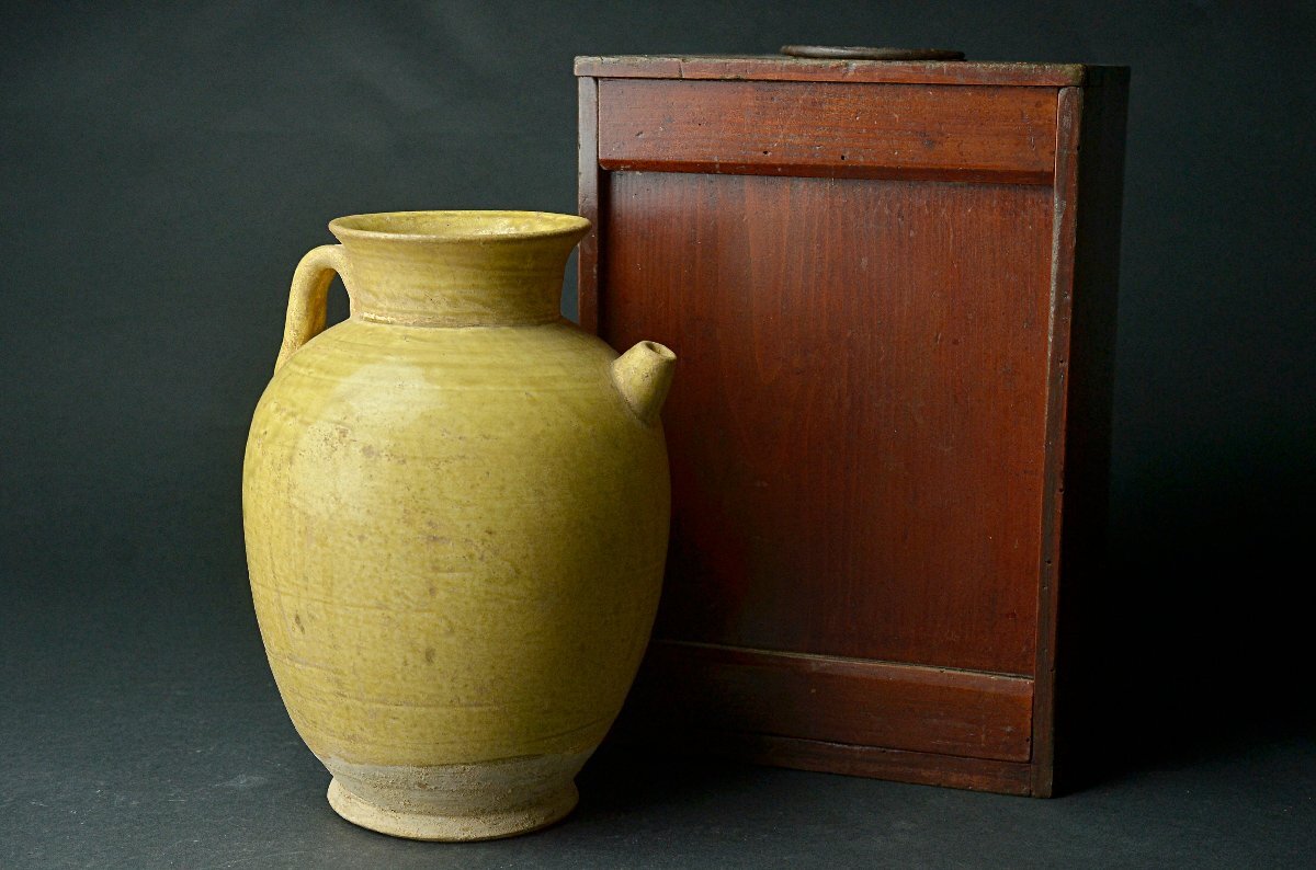 唐代寿州窯黄釉執壺・唐代黄釉水注・古木製専用箱付属 ★【YB】中国古玩骨董25Y1040_画像8