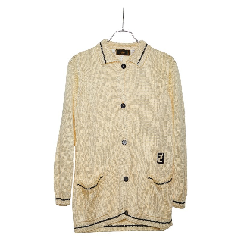  Fendi Logo вышивка кардиган размер :40 слоновая кость черный искусственный шелк женский FENDI [ б/у ]