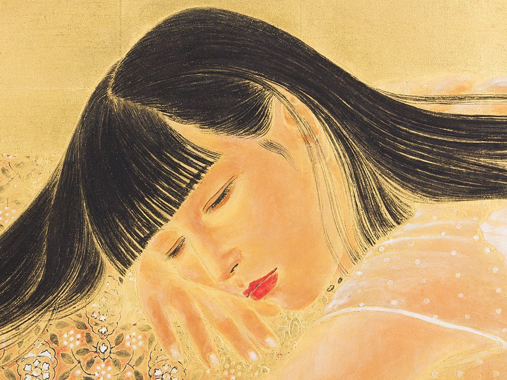 【1on1】真作 石踊紘一 『まどろむ女』 日本画 彩色 12号 共シール 額装 ／ 東京芸大卒 新制作協会展新作家賞 春季展賞 創画会春季展賞_画像3