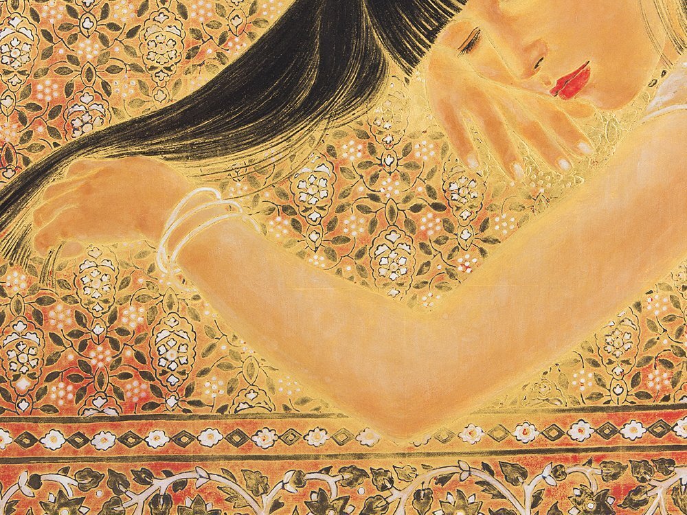 【1on1】真作 石踊紘一 『まどろむ女』 日本画 彩色 12号 共シール 額装 ／ 東京芸大卒 新制作協会展新作家賞 春季展賞 創画会春季展賞_画像4