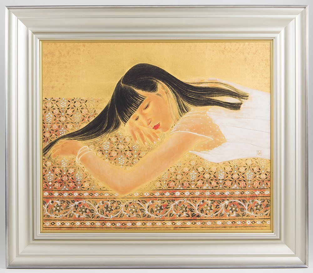 【1on1】真作 石踊紘一 『まどろむ女』 日本画 彩色 12号 共シール 額装 ／ 東京芸大卒 新制作協会展新作家賞 春季展賞 創画会春季展賞_画像2