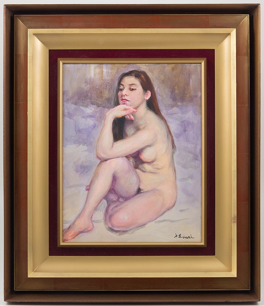 【1on1】真作 江成一郎 『爽春』 裸婦 油彩 キャンバス 6号 平成六年 額装 / 女性像人気画家 白日会会員 師:伊藤清永_画像2