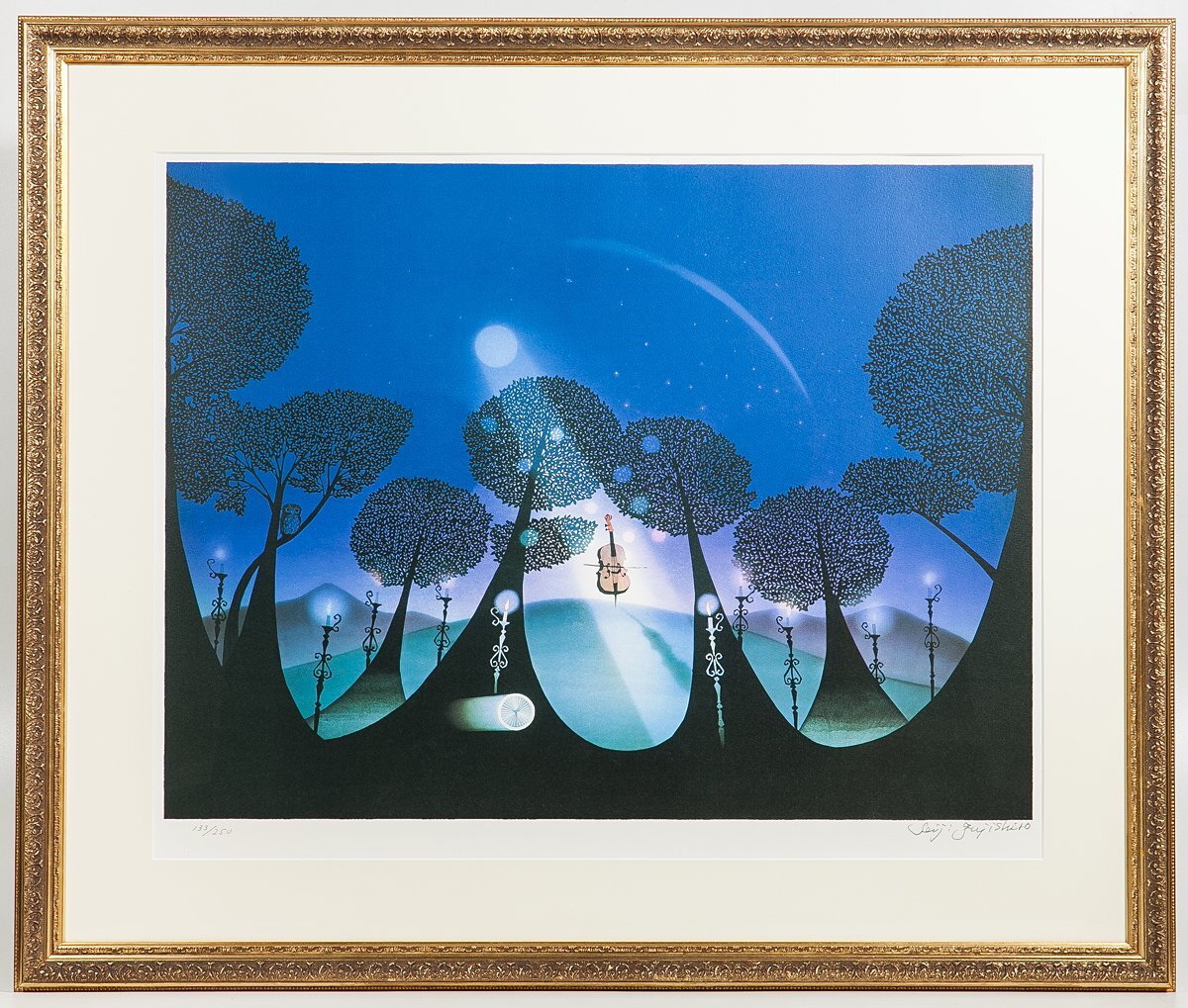 【1on1】真作 藤城清治 『月光のチェロ』 オリジナルリトグラフ 直筆サイン ed.250 額装 保証書付 / 日本における影絵作家第一人者_画像2