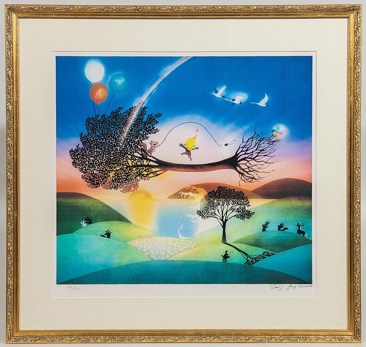 【1on1】真作 藤城清治 『夢がとぶ』 オリジナルリトグラフ 直筆サイン ed.500 額装 保証書付 ／ 日本における影絵作家第一人者_画像2