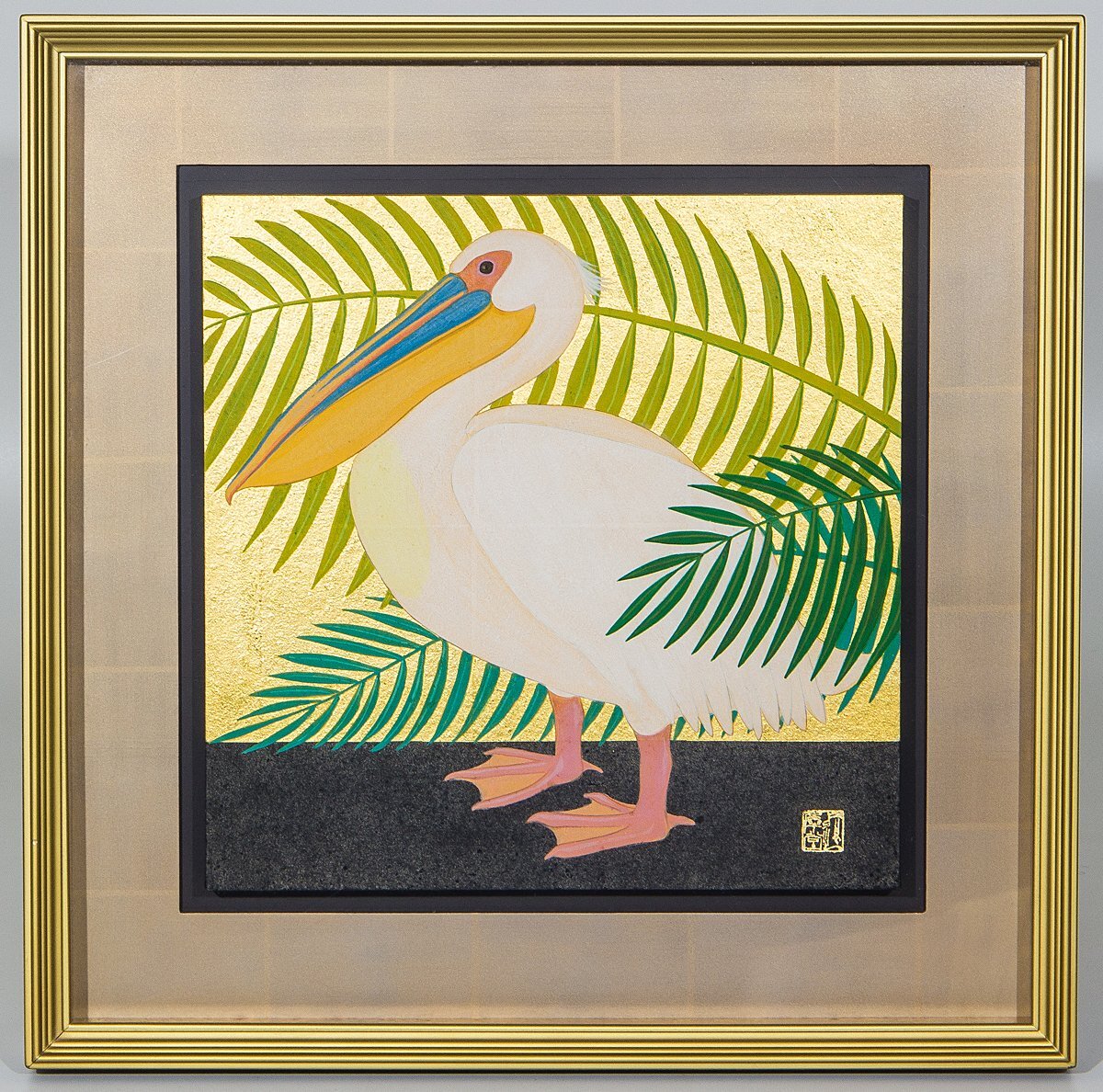【1on1】真作 丸山友紀 『ペリカンとヤシ』 日本画 彩色 5号 2008年 共シール/金地に描かれた個性豊かな鳥獣画で人気を集める女流日本画家_画像2