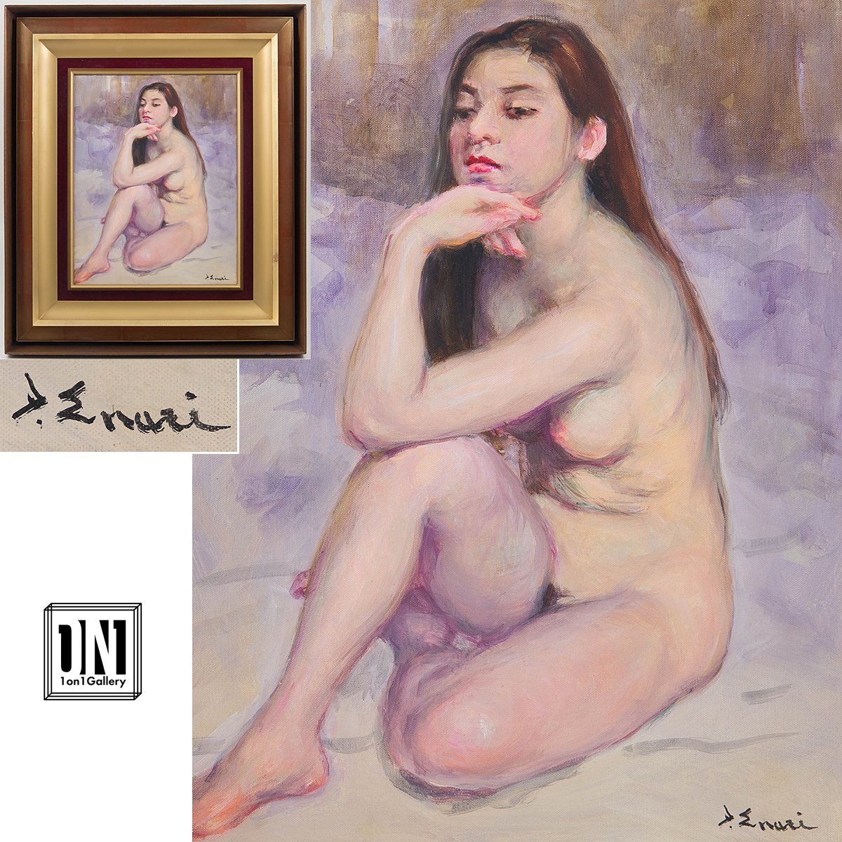 【1on1】真作 江成一郎 『爽春』 裸婦 油彩 キャンバス 6号 平成六年 額装 / 女性像人気画家 白日会会員 師:伊藤清永_画像1