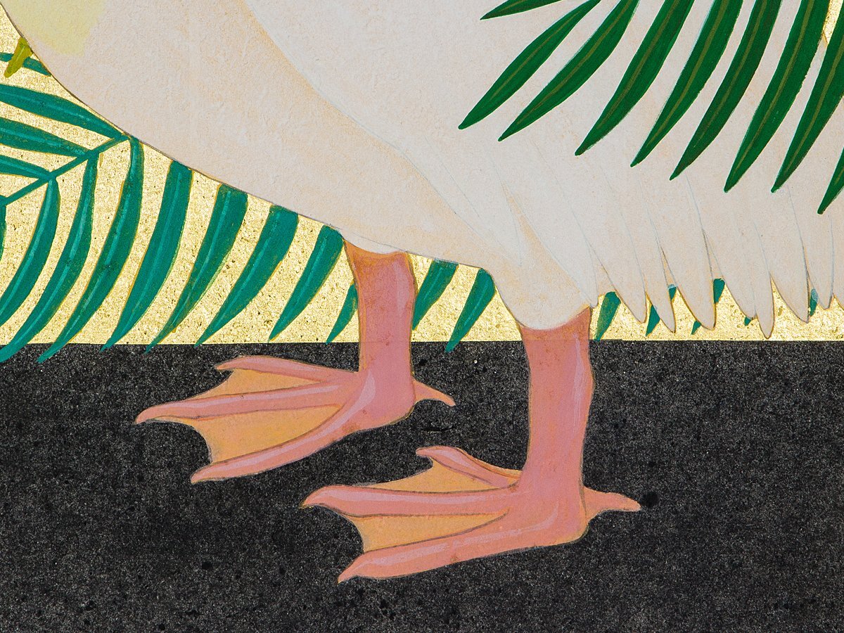 【1on1】真作 丸山友紀 『ペリカンとヤシ』 日本画 彩色 5号 2008年 共シール/金地に描かれた個性豊かな鳥獣画で人気を集める女流日本画家_画像5
