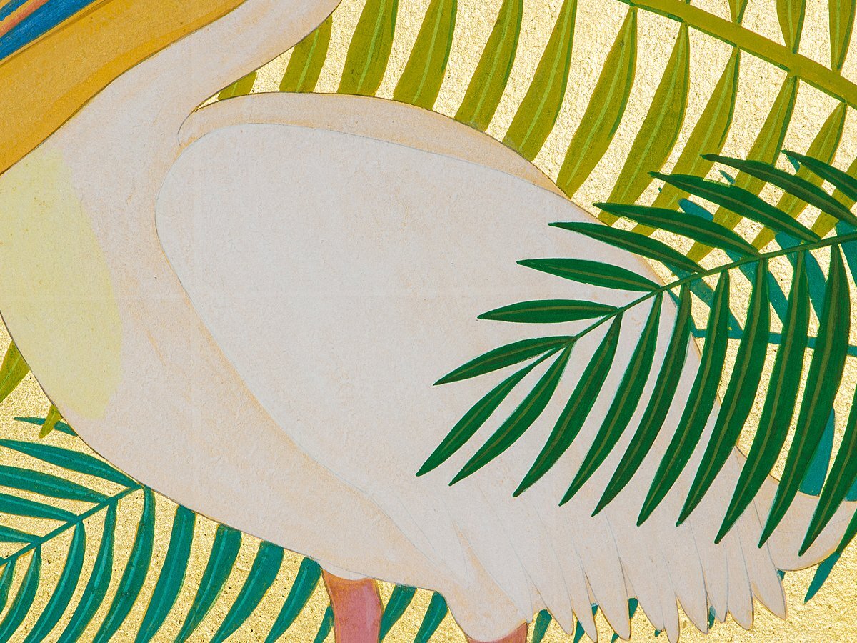 【1on1】真作 丸山友紀 『ペリカンとヤシ』 日本画 彩色 5号 2008年 共シール/金地に描かれた個性豊かな鳥獣画で人気を集める女流日本画家_画像4