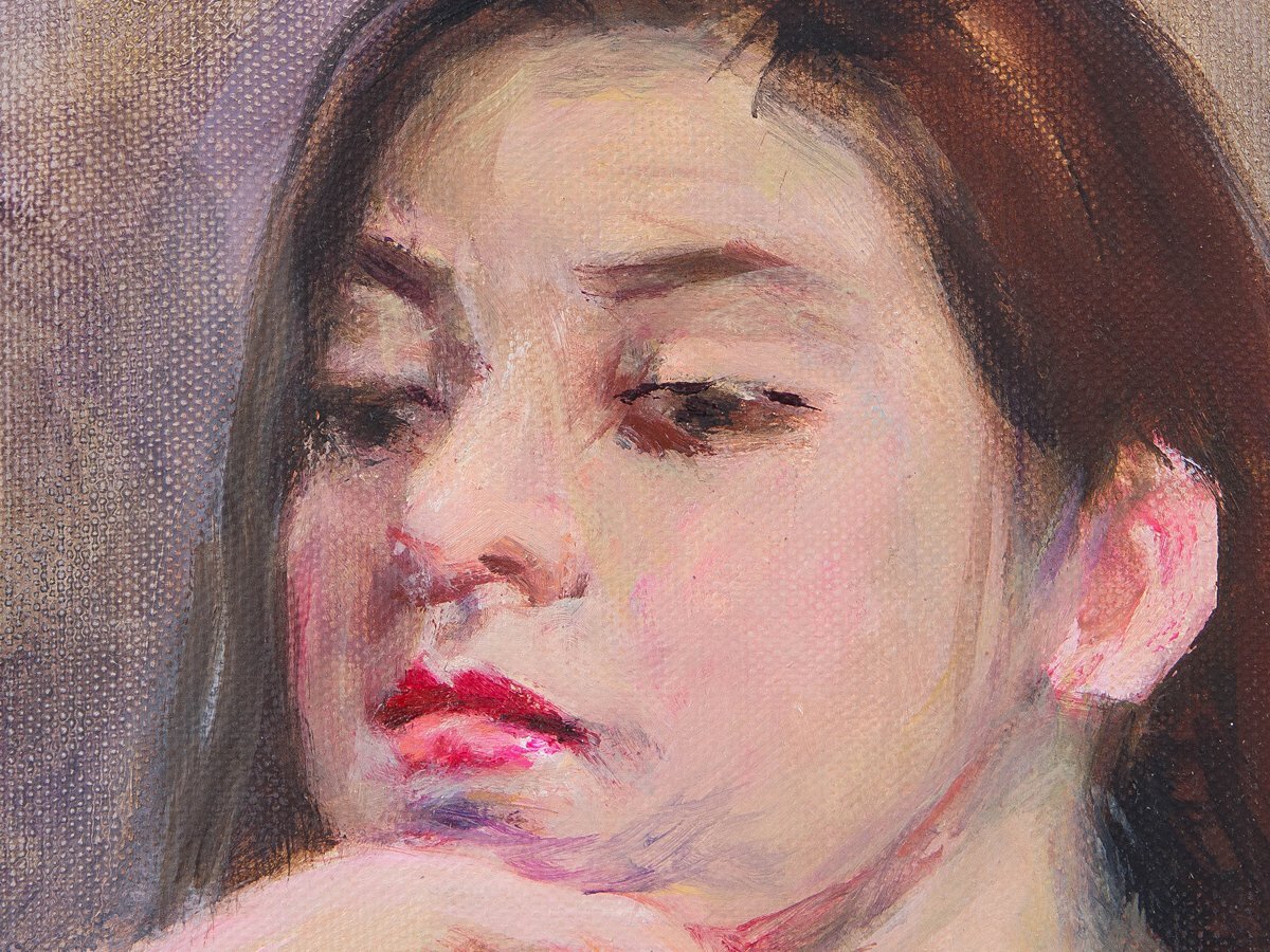 【1on1】真作 江成一郎 『爽春』 裸婦 油彩 キャンバス 6号 平成六年 額装 / 女性像人気画家 白日会会員 師:伊藤清永_画像5