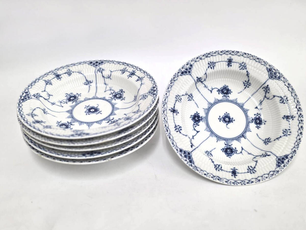 Y H R71112 ROYAL COPENHAGEN ロイヤルコペンハーゲン ブルーフルーテッド ハーフレース プレート スープ皿 深皿 6枚セット_画像1