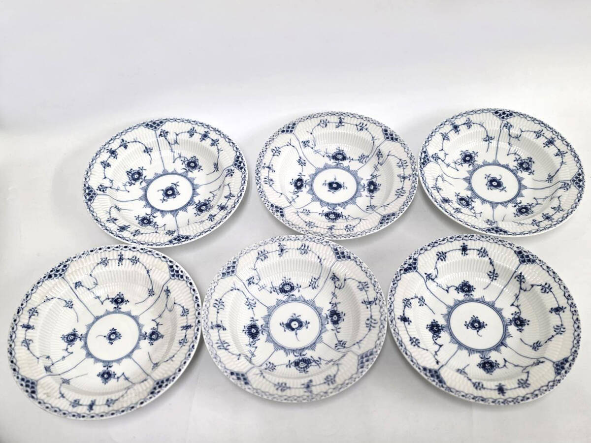 Y H R71112 ROYAL COPENHAGEN ロイヤルコペンハーゲン ブルーフルーテッド ハーフレース プレート スープ皿 深皿 6枚セット_画像3