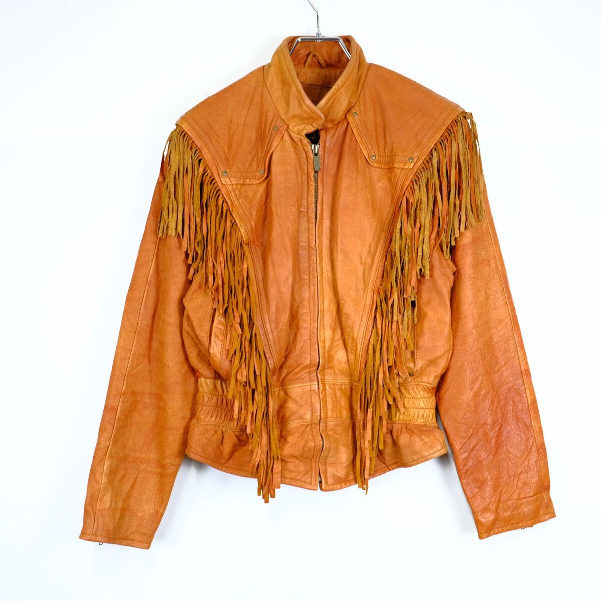 1970s ビンテージ フリンジレザージャケット ブラウン ライダース 立ち襟 古着屋 USA製 アート デザイン 卸売り _画像1