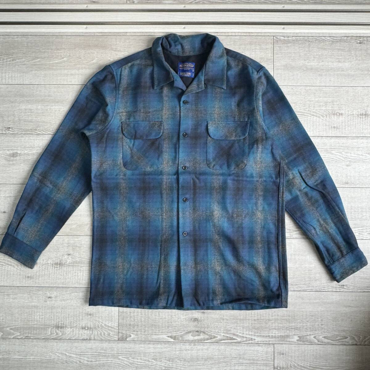 90's 00's Pendleton ライダーシャツ Lサイズ ブルー オンブレ シャドー ヴィンテージ オープンカラー 開襟 ウール ボードシャツ USA 米国_画像1