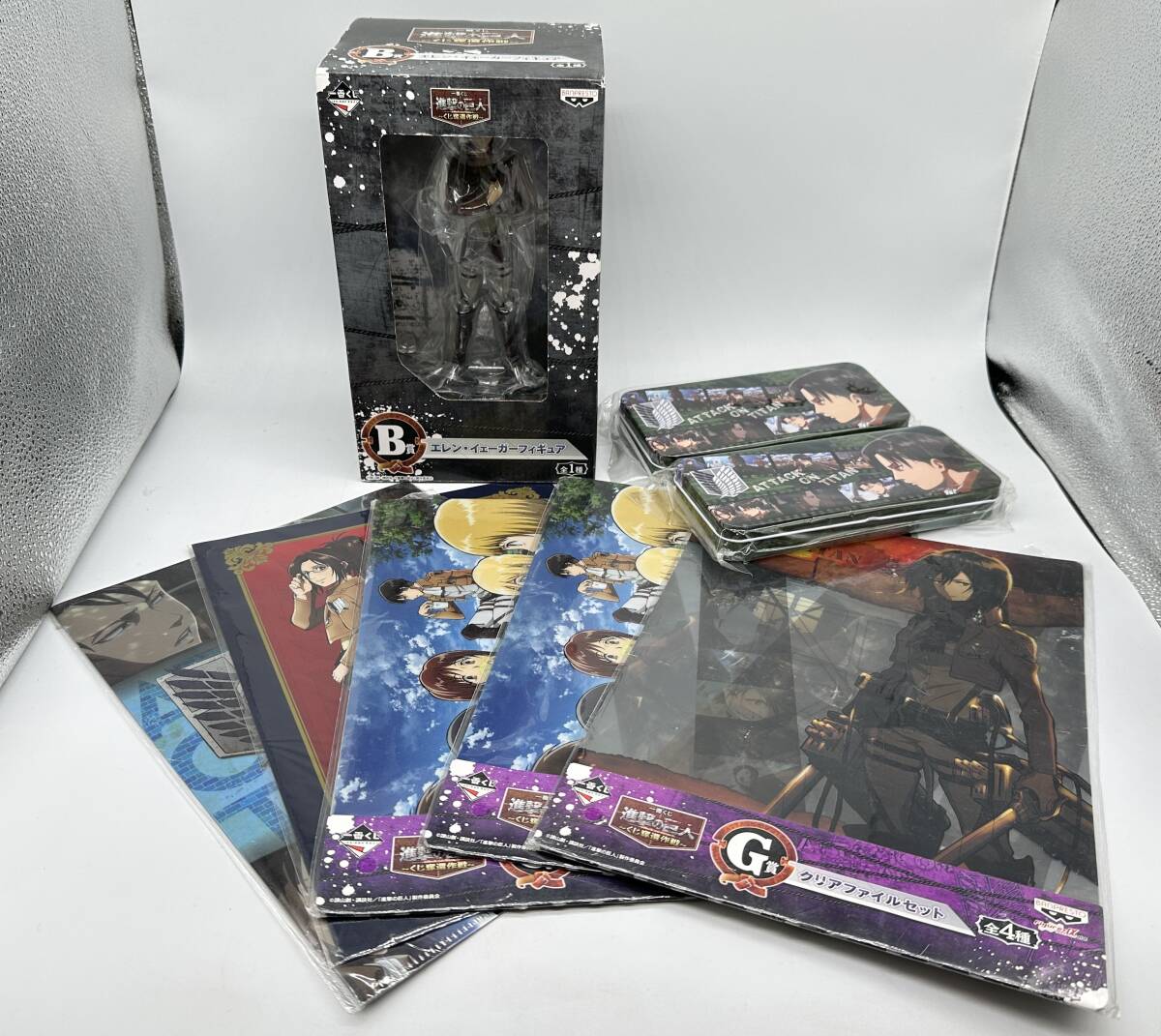 y2712E 進撃の巨人 7点セット エレン・イエーガー フィギュア 一番くじ くじ奪還作戦 B賞 クリアファイル 缶ペンケース 未開封 長期保管品_画像1