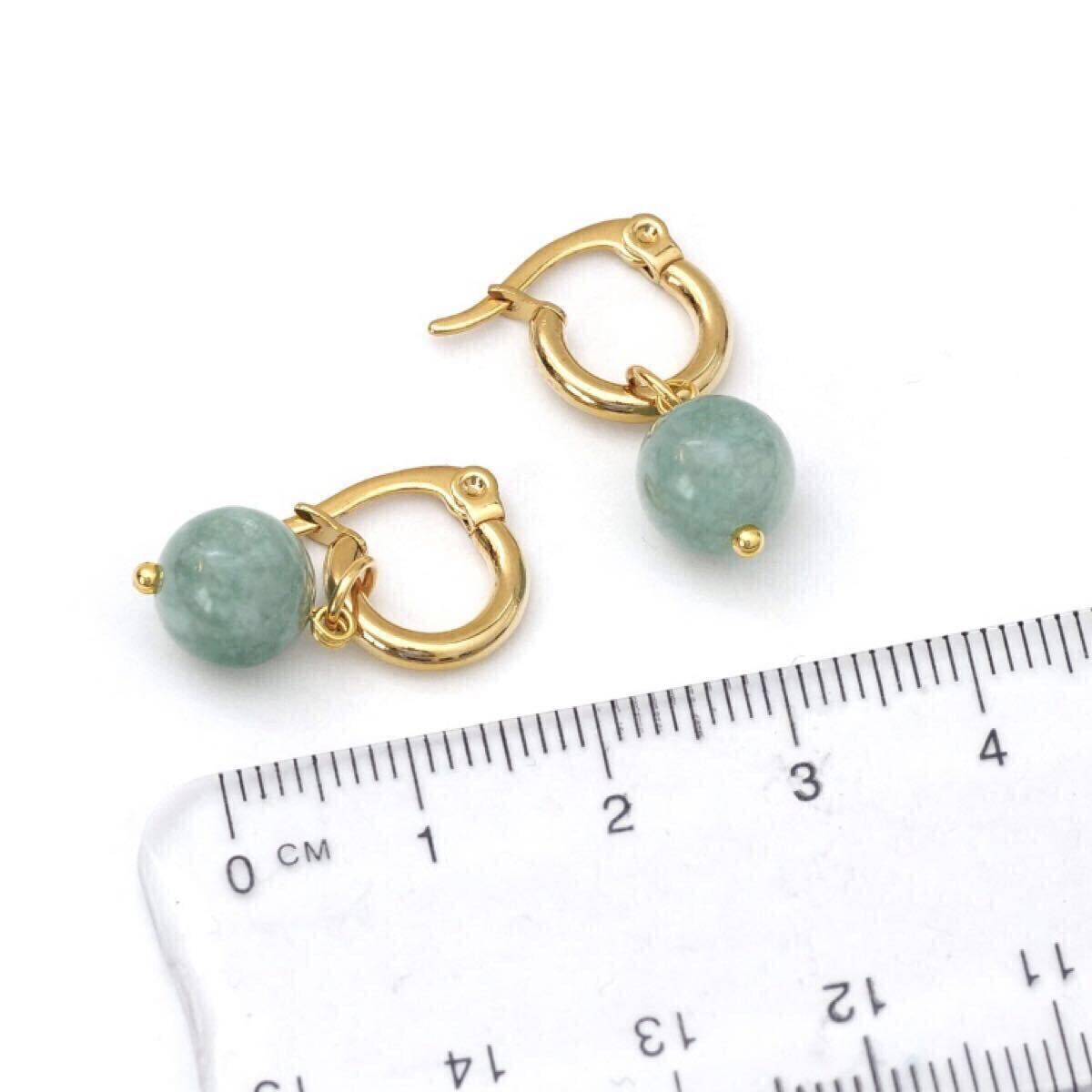 新品 天然石 翡翠 8mm 2way リングピアス サージカルステンレス 翡翠ピアス ヒスイ イエローゴールド ユニセックス ゴールド プレゼント_画像3