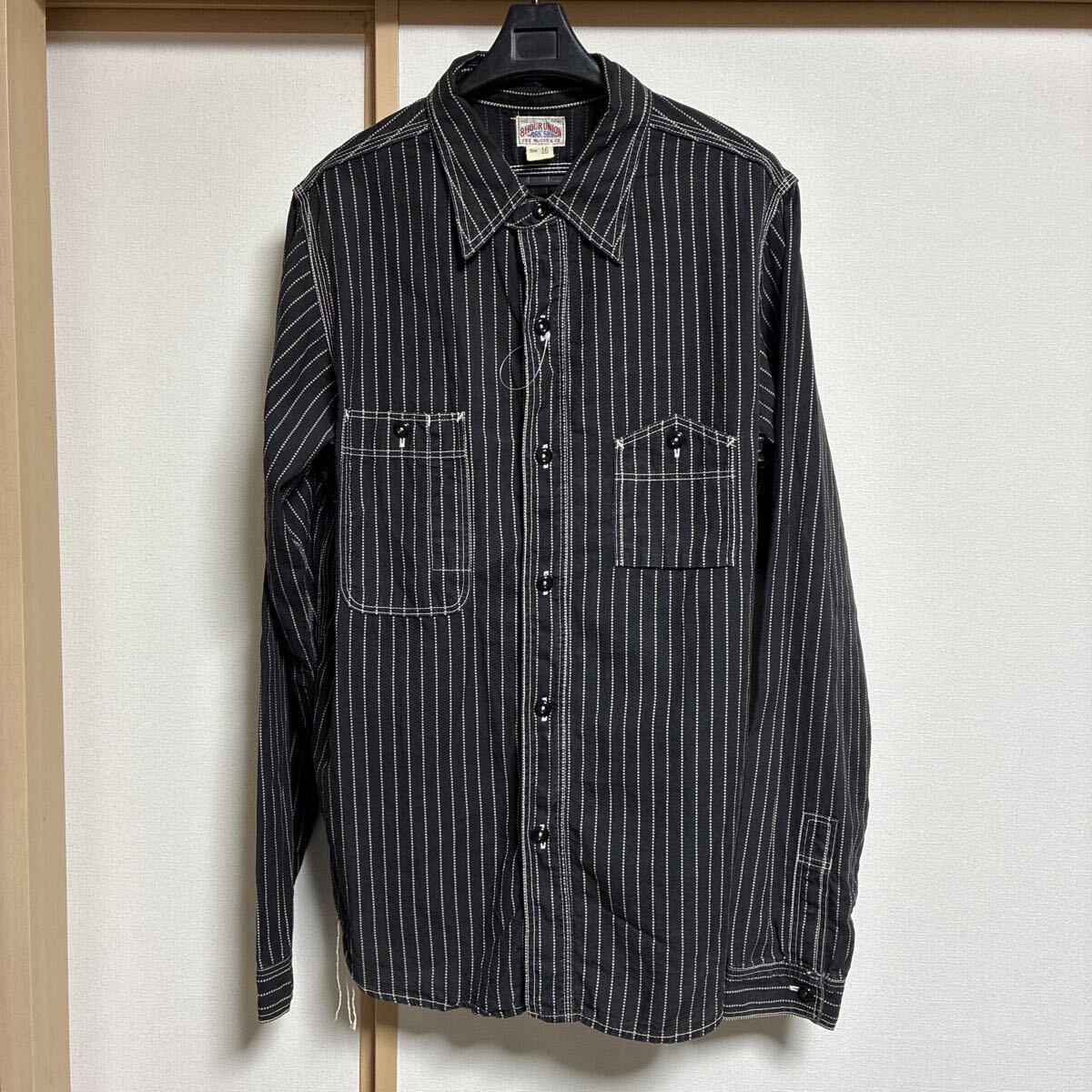 【美品】JOE McCOY 643X ジョーマッコイ 8HOUR UNION 長袖ワークシャツ ウォバッシュストライプ ブラック サイズ16 リアルマッコイズ_画像1
