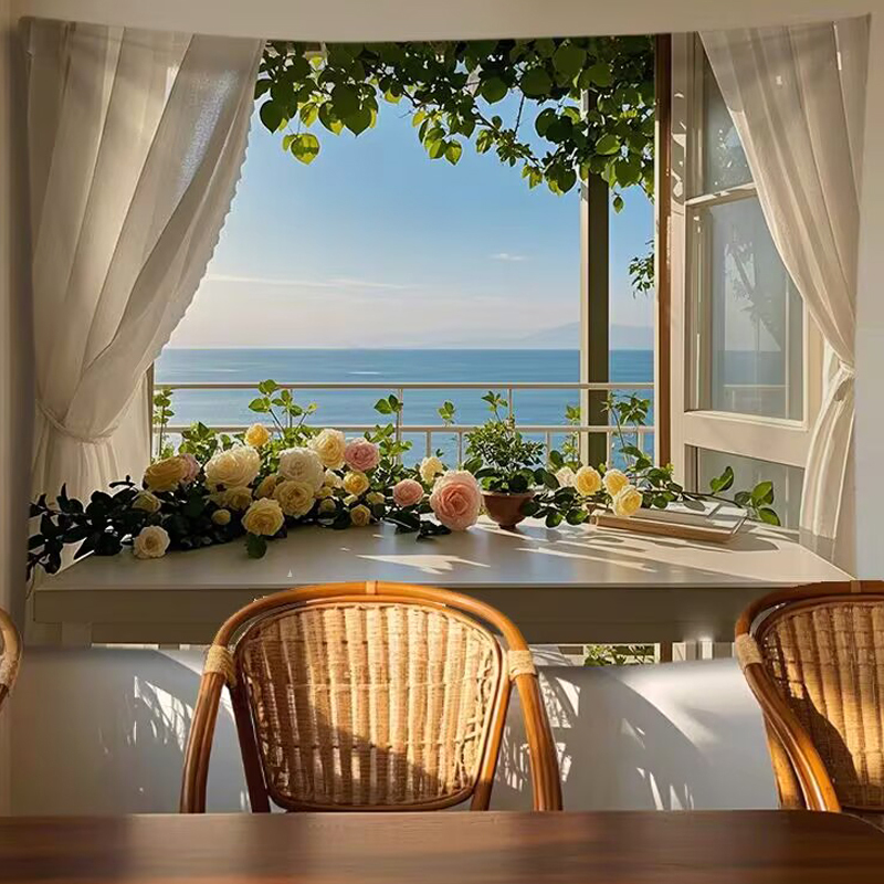 タペストリー 壁飾り 壁掛け装飾布 布ポスター 部屋飾り 背景布 インテリア カーテン 花ある窓からの水平線の絵柄 100x70cm_画像1