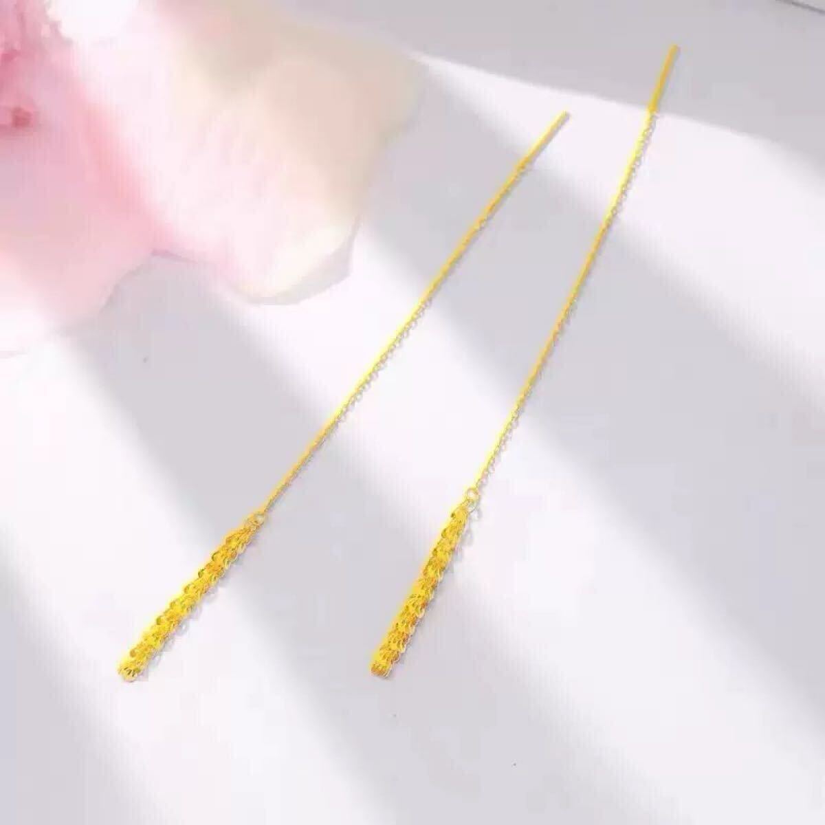 K18金　チェーンピアス　イエローゴールド　キラキラ　ロングチェーン　カジュアル　おしゃれ_画像4