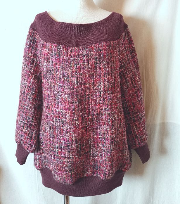 ESCADA　エスカーダ　ウール混　ツイードニット　オフショルダー　ピンク　パープル　ボルドー　_画像1