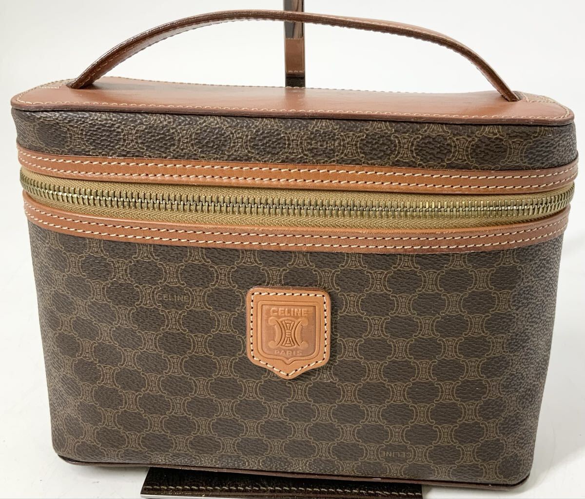 【15】ハンドバッグ バニティバッグ セリーヌ CELINE マカダム柄 トリオンフ オールド レディース ブラウン系 化粧ポーチ 中古_画像1