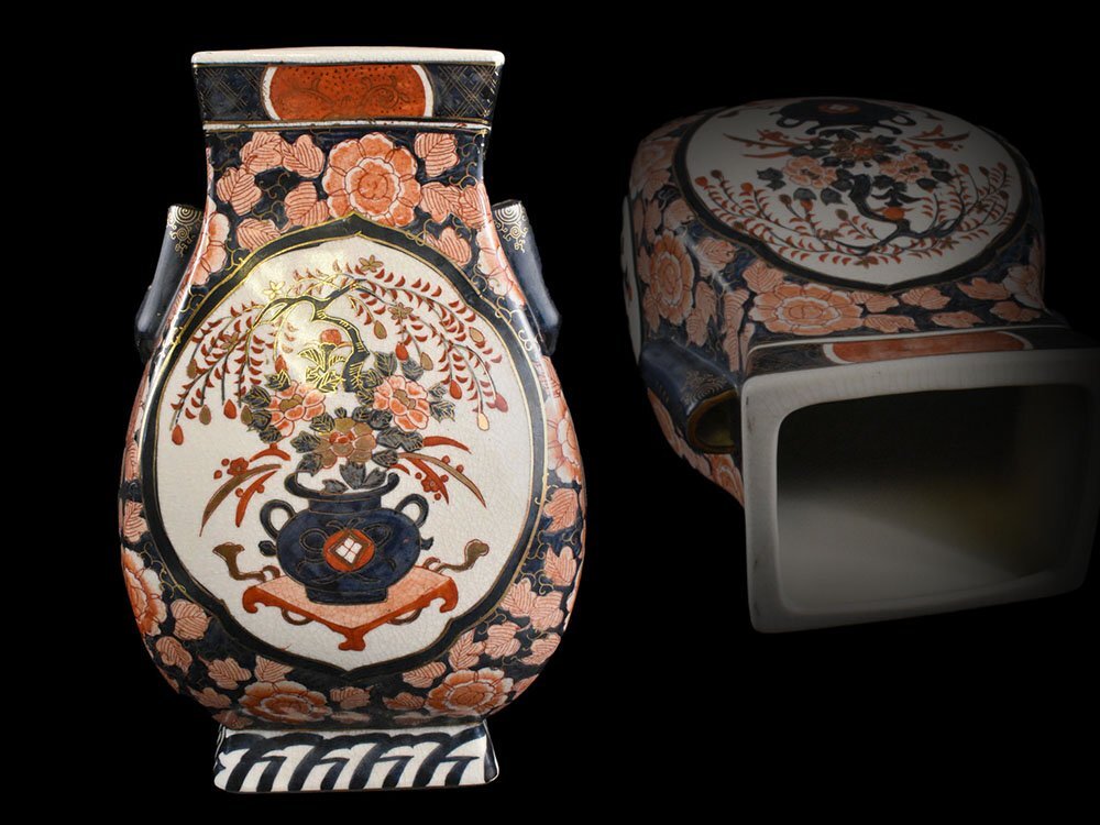 【雲】某名家買取品 古伊万里 色絵金彩花唐草絵付耳付花瓶 飾壺 高さ38cm 古美術品(花器花入)BJ1908 OTdew_画像1