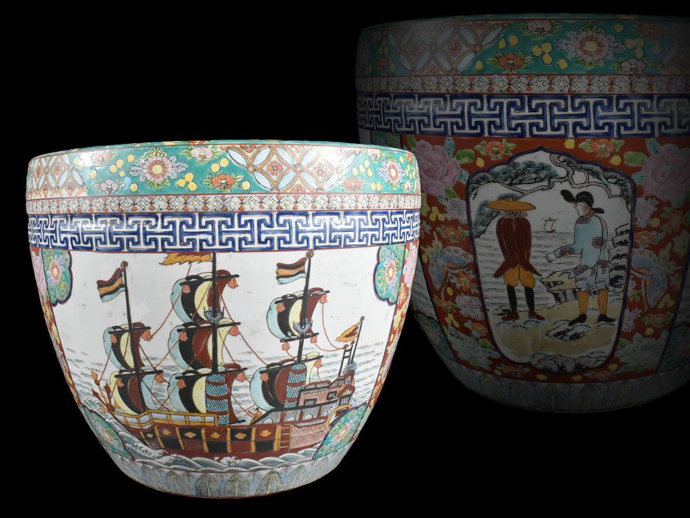 【雲】某有名収集家買取品 古伊万里 色絵ラッタン人南蛮船絵付火鉢 直径38.5cm 古美術品(メダカ金魚鉢瓶掛九谷)BJ1907 OTvfr PBnh_画像1