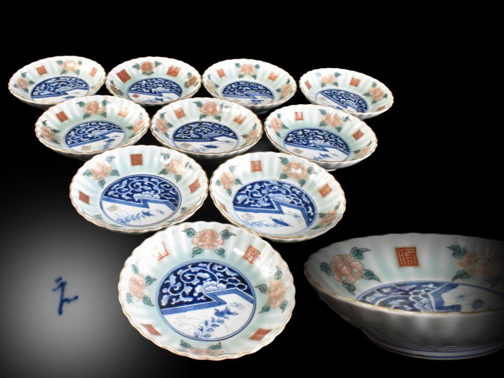 【雲】某名家買取品 伊万里 色絵 花唐草絵付 輪花皿 銘々皿 10客 在銘 古美術品(なます皿 膾皿 懐石料理道具)Y7302 LTpoiu_画像1