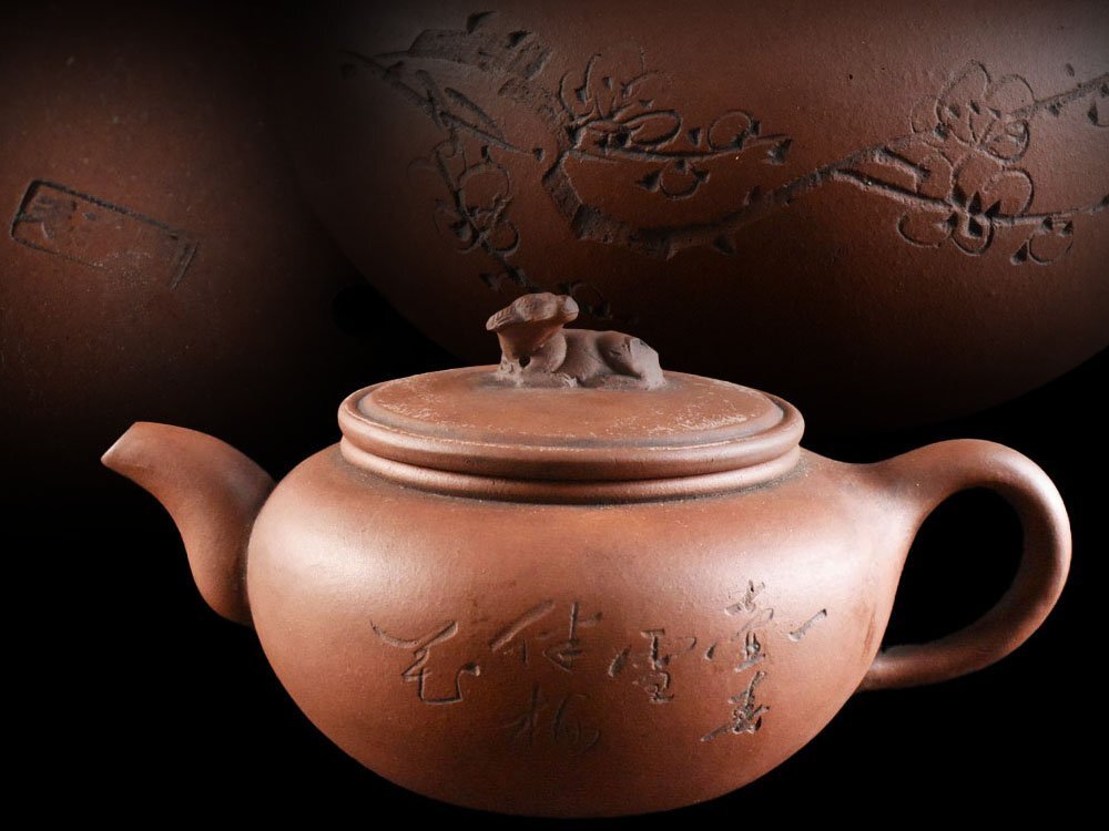 【雲】某資産家買取品 中国古玩 唐物 朱泥 漢詩山水花紋 獅子摘 急須 古美術品(妹紫砂 宜興 煎茶道具)Y7563 OTfgd CTDokm_画像1
