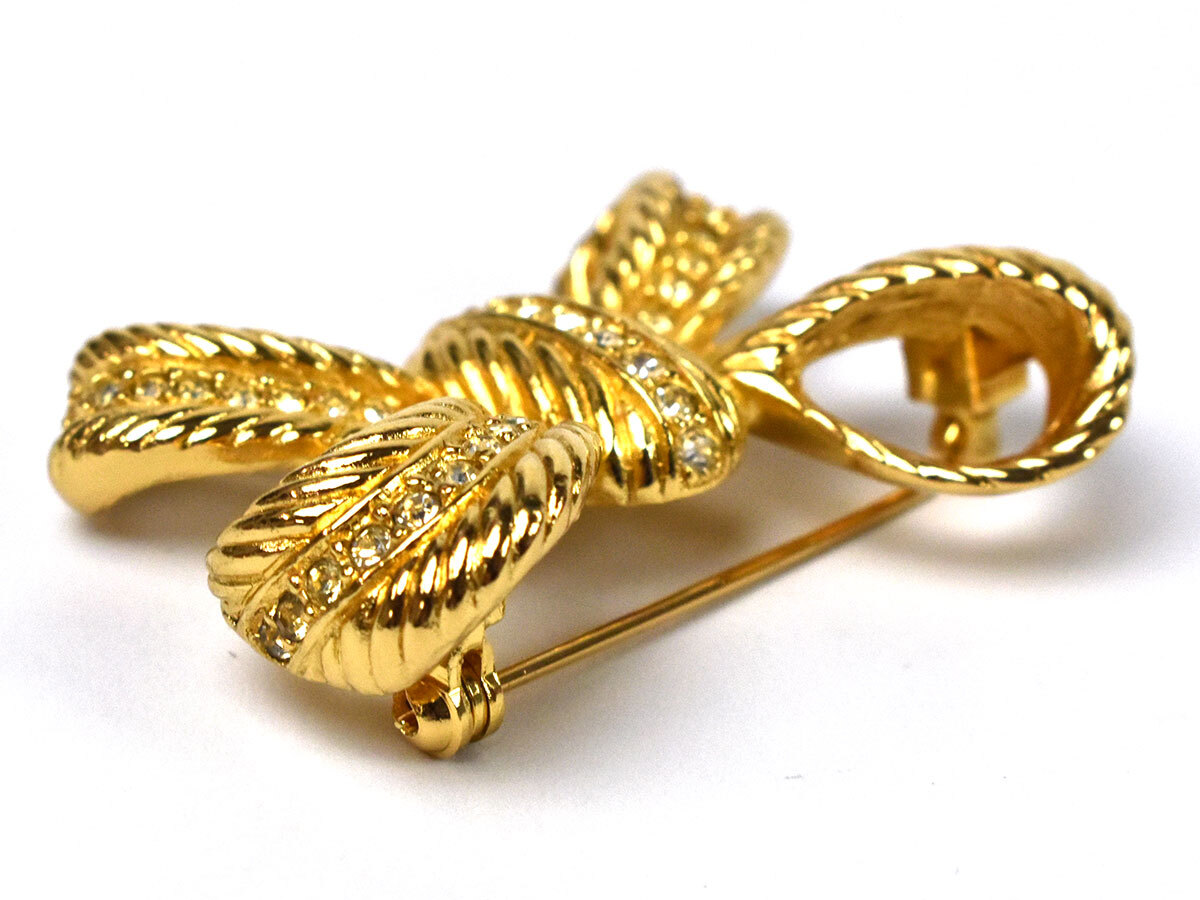 241674* прекрасный товар Christian Dior Dior лента брошь аксессуары GP стразы Gold женский Vintage / E