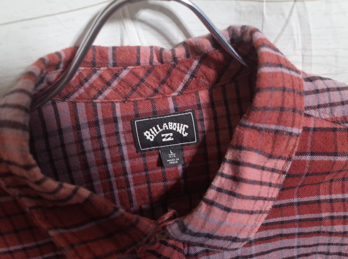 メンズ pn237 BILLABONG ビラボン チェック柄 長袖 ネルシャツ L エンジ系 暖色系 シャツ_画像3