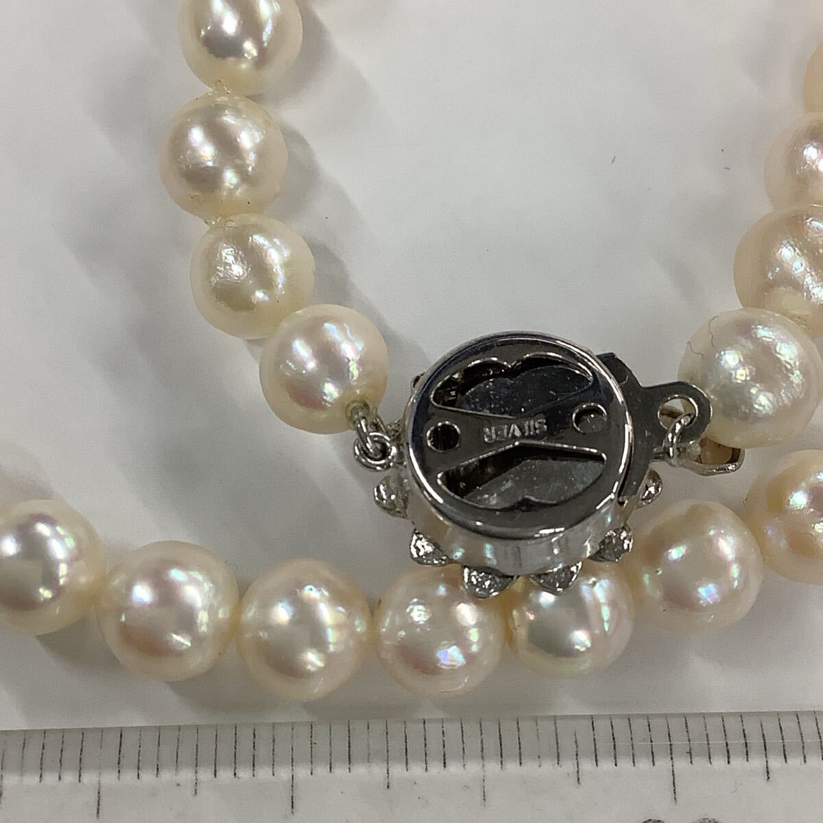 ●ハ2002H◎艷やか本真珠　パールネックレス　43センチ　7-7.5ミリ珠前後　留具SILVER刻印あり　キレイなテリ◎送料込み◎_画像4