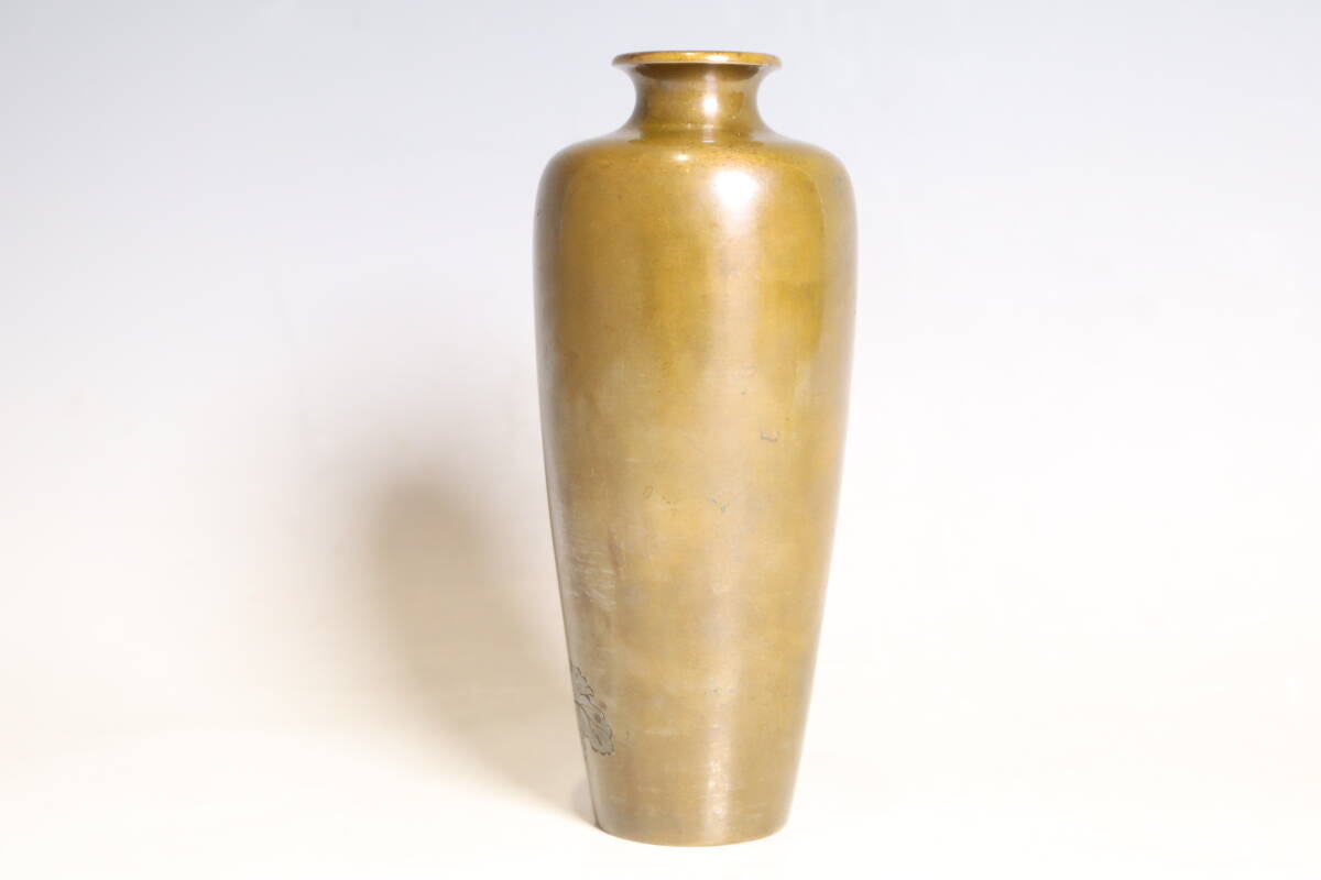 唐銅 極上金銀象嵌菊花図 一輪挿 木箱附(R975)_画像5