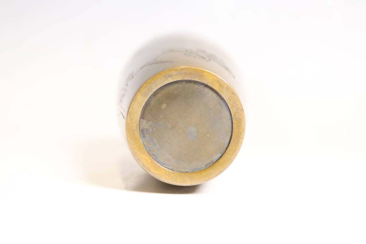 唐銅 極上金銀象嵌菊花図 一輪挿 木箱附(R975)_画像6