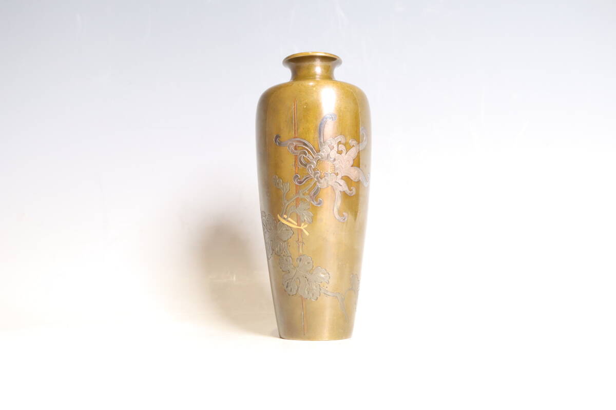 唐銅 極上金銀象嵌菊花図 一輪挿 木箱附(R975)_画像9