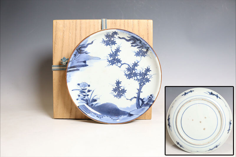  индиго Kutani ландшафт клен . 7 размер тарелка дерево коробка . Edo средний период (C793)