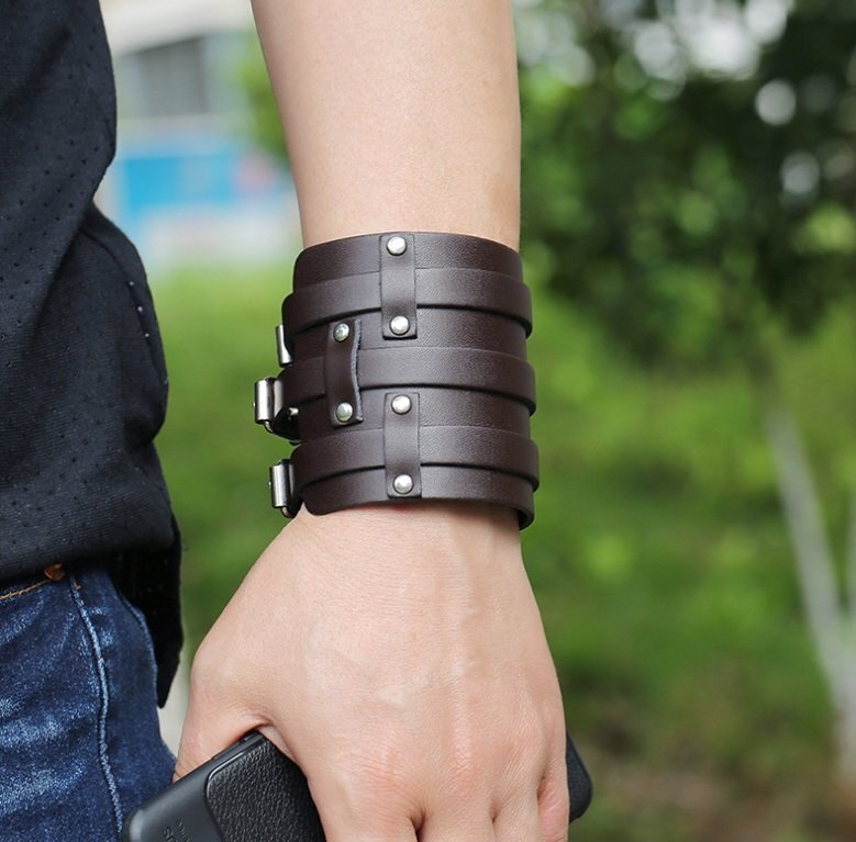 【vaps_3】牛革 ブレスレット 《ブラウン》 パンク ワイドタイプ レザー ベルト式 メンズ 送込_画像2