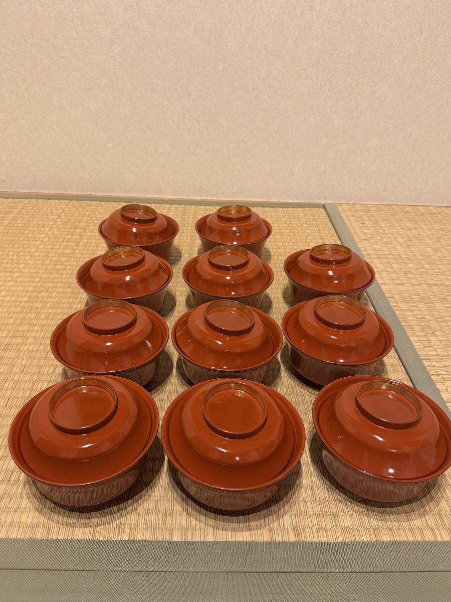 汁物椀(蓋付き)11客　鳳凰柄、朱色 汁椀 木製漆器 時代物 和食器_画像1