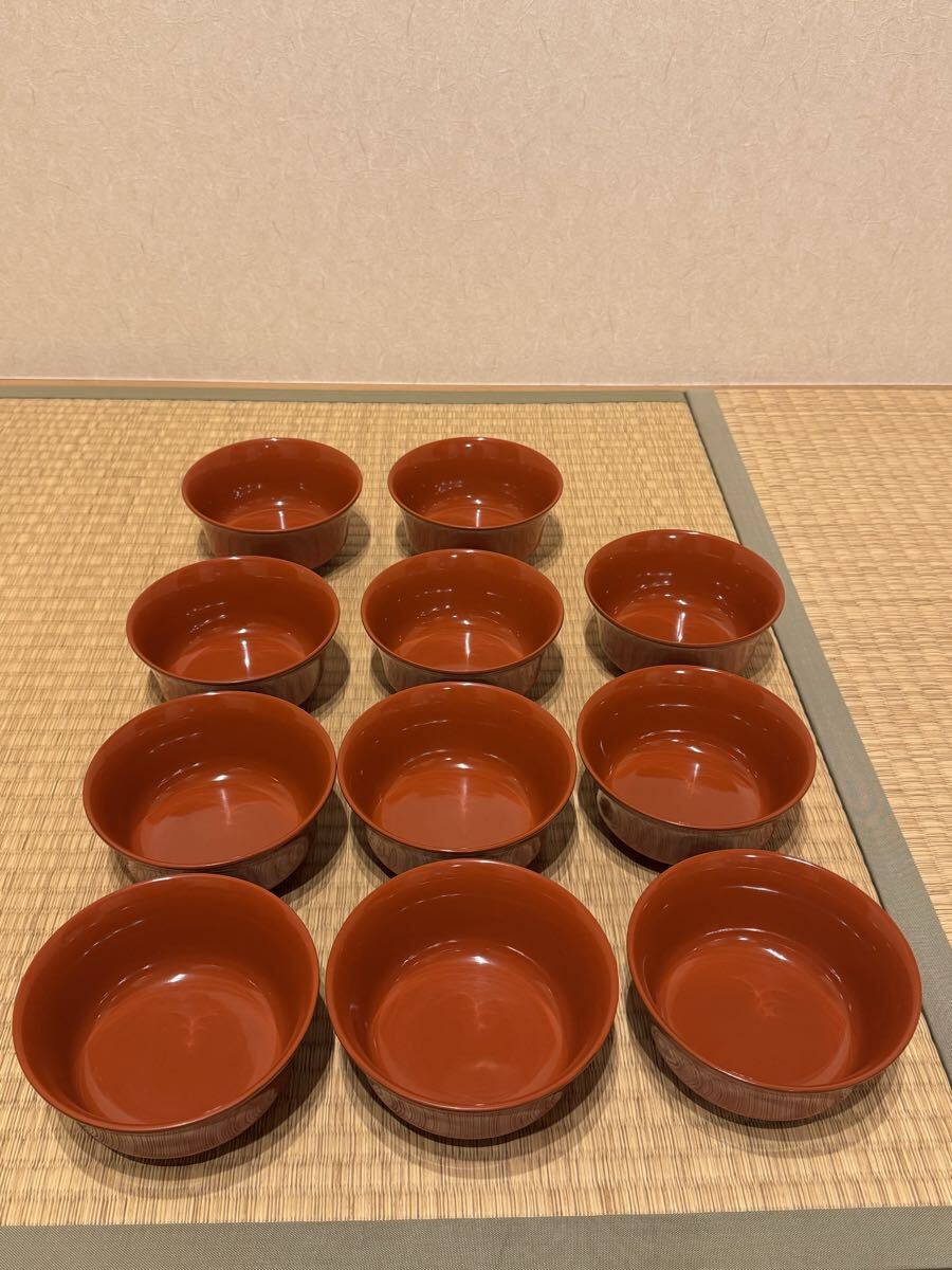 汁物椀(蓋付き)11客　鳳凰柄、朱色 汁椀 木製漆器 時代物 和食器_画像2