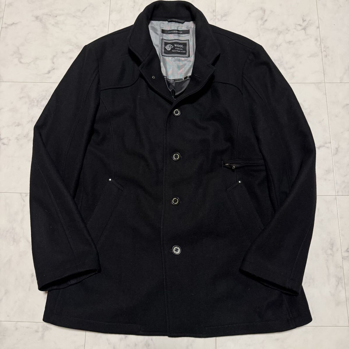未使用級/希少XL!! インターメッツォ 【高級イタリア製生地使用】スタンドカラーコート ロングコート INTERMEZZO ウール アウター メンズ_画像2