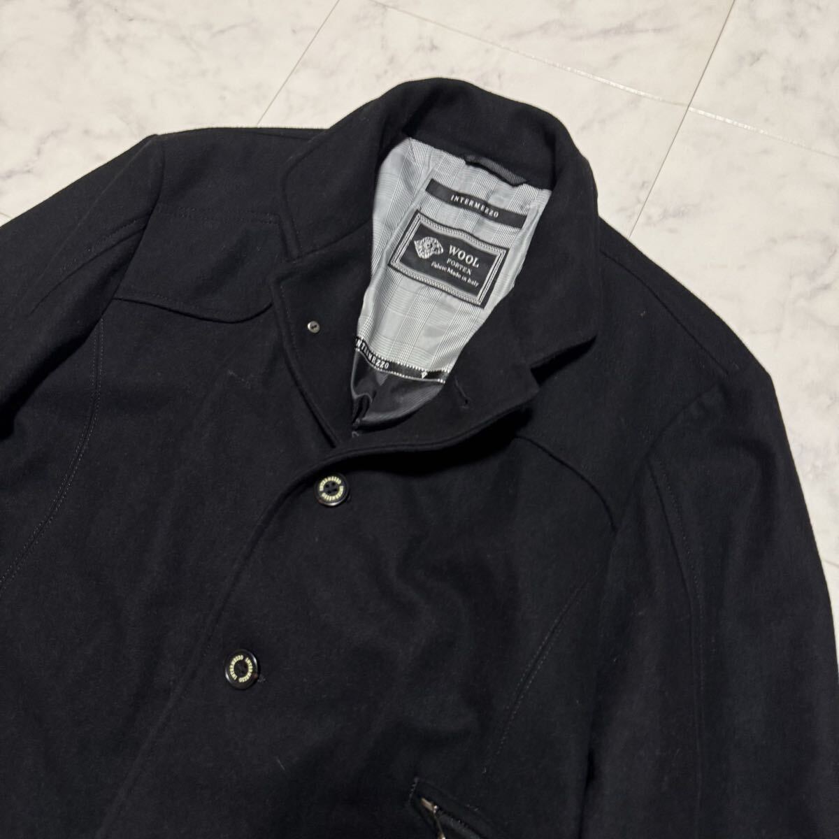 未使用級/希少XL!! インターメッツォ 【高級イタリア製生地使用】スタンドカラーコート ロングコート INTERMEZZO ウール アウター メンズ_画像3