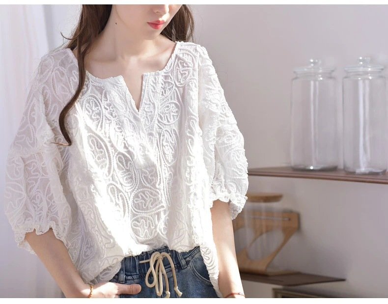 レディース シャツ vネック Tシャツ 白 レースシャツ フォーマル 通勤 OL ファッション 韓国風 トップス 春 夏 秋 ★2XLサイズ_画像4