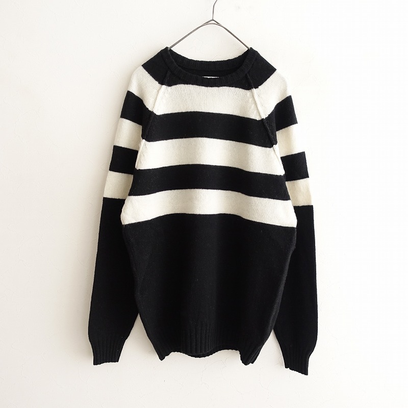 グラム (g)*パネルボーダークルーネックニットプルオーバー*Fブラック×ホワイトラグランプルオーバーウール(2-2510-213)【10K52】_画像1