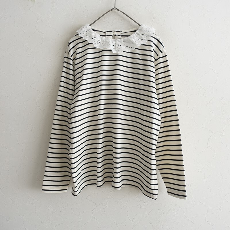 【美品/定価1.1万】ガーゼ Gauze# *スカラップカラーボーダーカットソー*F天竺黒×生成レースプルオーバー(25-2510-515)【71K52】_画像1