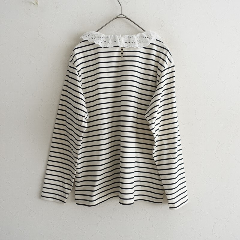 【美品/定価1.1万】ガーゼ Gauze# *スカラップカラーボーダーカットソー*F天竺黒×生成レースプルオーバー(25-2510-515)【71K52】_画像2