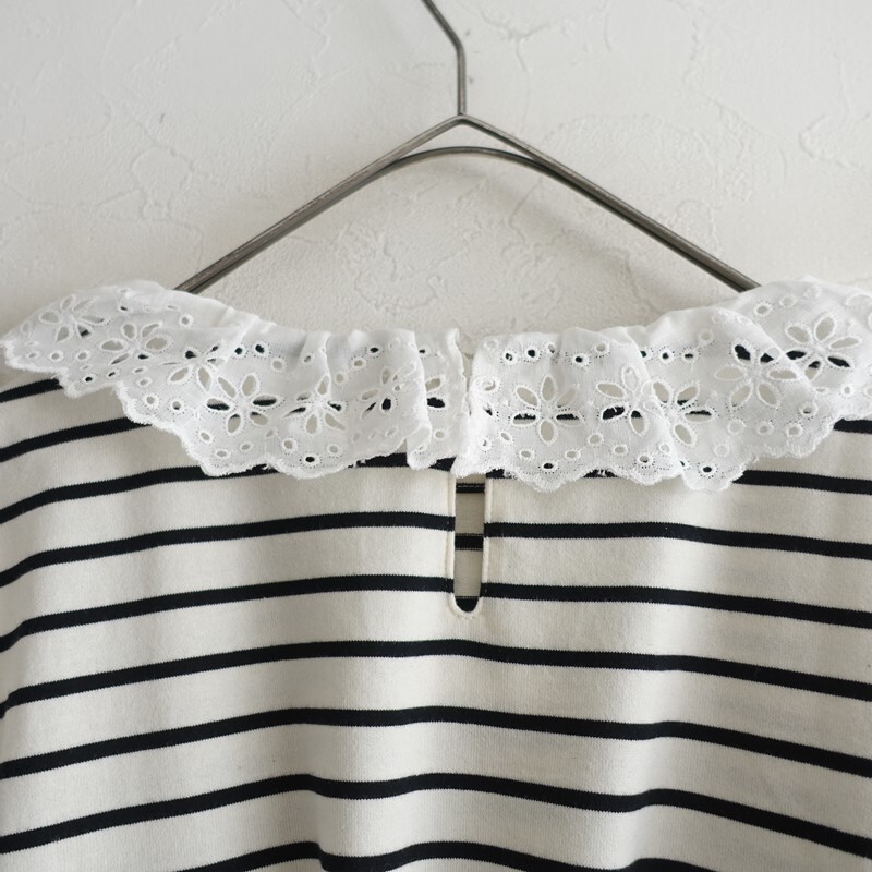 【美品/定価1.1万】ガーゼ Gauze# *スカラップカラーボーダーカットソー*F天竺黒×生成レースプルオーバー(25-2510-515)【71K52】_画像7