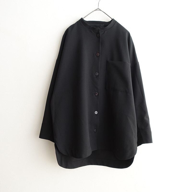【美品】ミズイロインド mizuiro-ind *バンドカラーシャツ*黒ブラック長袖ブラウス無地(33-2510-595)【71K52】_画像1