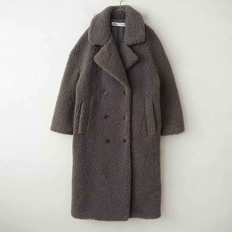 ザラ ZARA*ボアロングコート*Sグレーポリエステルチェスターコートテーラードカラーダブルブレスト裏地付き(jk2-2511-21)【82K52】_画像1